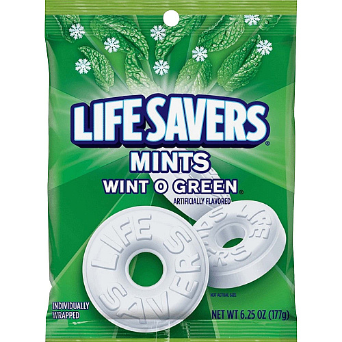 Wrigley Life Savers Mints Wint O Green Hard Candies Wintergreen - Individually Wrapped - 6.25 oz - 1 Bag