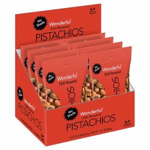 Wonderful No Shells Pistachios, Chili Roasted, 2.25 Oz., 8/Box