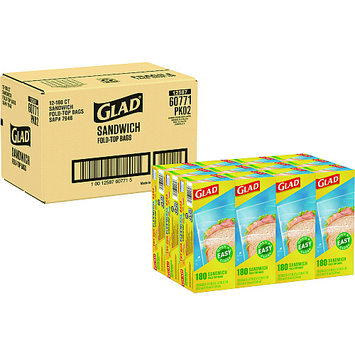 Glad Fold Top Food Storage Sandwich Bags, 6.5" x 5.5", Clear, 2,160/Carton
