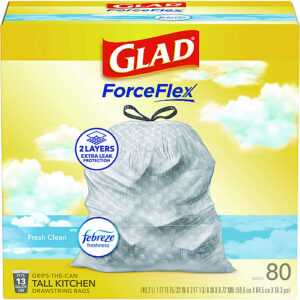 Glad ForceFlex Kitchen Drawstring Trash Bags, 13 gal, Fresh Clean Scent, 24" x 27.38", White, 80/Box