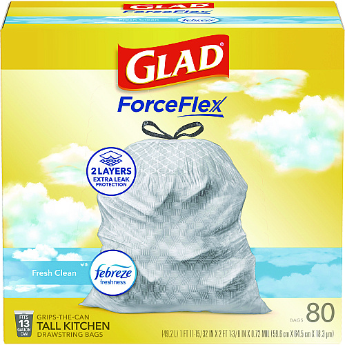 Glad ForceFlex Kitchen Drawstring Trash Bags, 13 gal, Fresh Clean Scent, 24" x 27.38", White, 80/Box