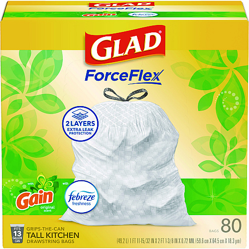 Glad ForceFlex Kitchen Drawstring Trash Bags, 13 gal, Gain Original Scent, 24" x 27.38", White, 80/Box