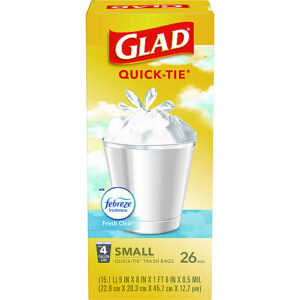 Glad OdorShield Quick-Tie Small Trash Bags, Tie-Flap, 4 gal, Fresh Clean Scent, 8" x 18", White, 26 Bags/Box, 6 Boxes/Carton