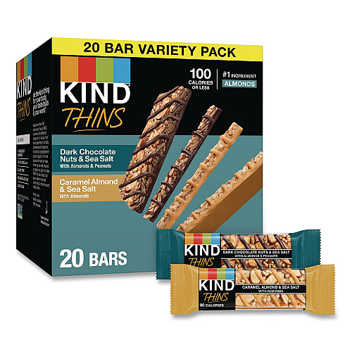 KIND Thins Dark Chocolate Nuts and Sea Salt/Caramel Almond and Sea Salt Variety Pack, 0.74 oz Bar, 20/Box