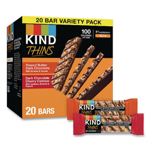 KIND Thins Peanut Butter Dark Chocolate and Dark Chocolate Cherry Cashew Variety Pack, 0.74 oz Bar, 20/Box