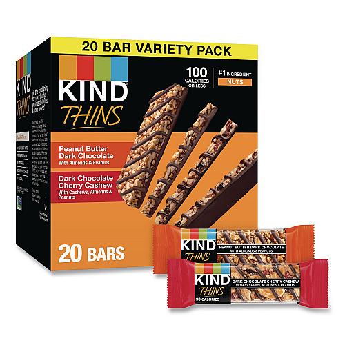 KIND Thins Peanut Butter Dark Chocolate and Dark Chocolate Cherry Cashew Variety Pack, 0.74 oz Bar, 20/Box