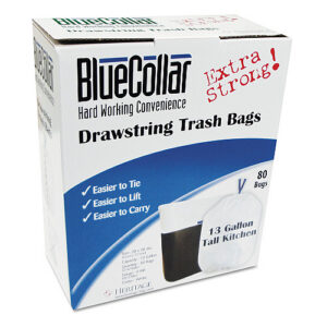 BlueCollar Drawstring Trash Bags, Drawstring, 13 gal, 24" x 28", White, 40 Bags/Roll, 2 Rolls/Box