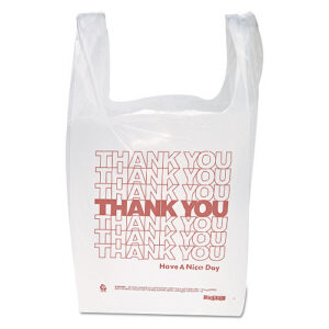 Inteplast Group "Thank You" Handled T-Shirt Bag, Have a Nice Day Labeling, Cut-Out Handles, 11.5" x 6.5" x 21", White/Red, 900/Carton