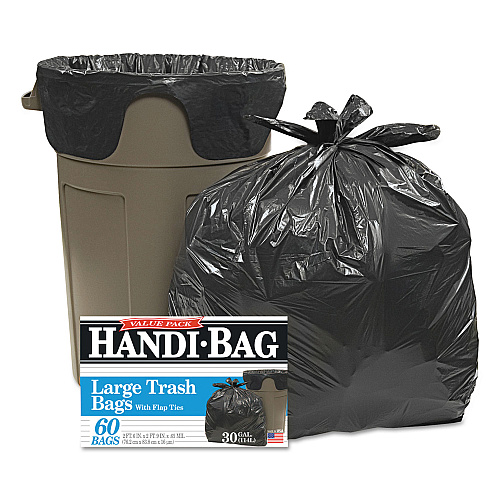 Handi-Bag Super Value Pack Can Liners, 30 gal, 0.65 mil, 30" x 33", Black, 60/Box