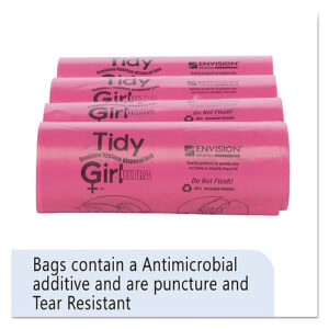 Tidy Girl Feminine Hygiene Sanitary Disposal Bags, 4" x 4" x 10", Pink/Black, 150 Bags/Roll, 4 Rolls/Carton