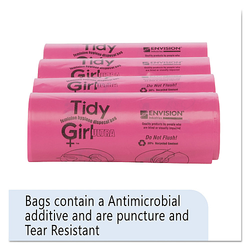Tidy Girl Feminine Hygiene Sanitary Disposal Bags, 4" x 4" x 10", Pink/Black, 150 Bags/Roll, 4 Rolls/Carton