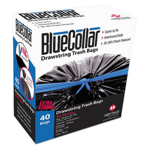 BlueCollar Drawstring Trash Bags, Drawstring, 30 gal, 1 mil, 30" x 34", Black, 20 Bags/Roll, 2 Rolls/Box
