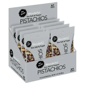 Wonderful Pistachios Sea Salt & Pepper, No Shells, 2.25 oz., 8 Bags/Box
