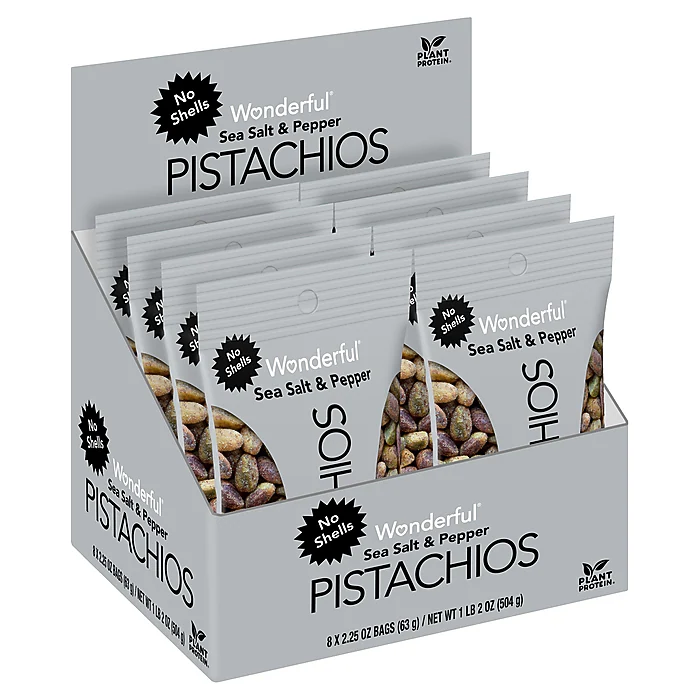 Wonderful Pistachios Sea Salt & Pepper, No Shells, 2.25 oz., 8 Bags/Box