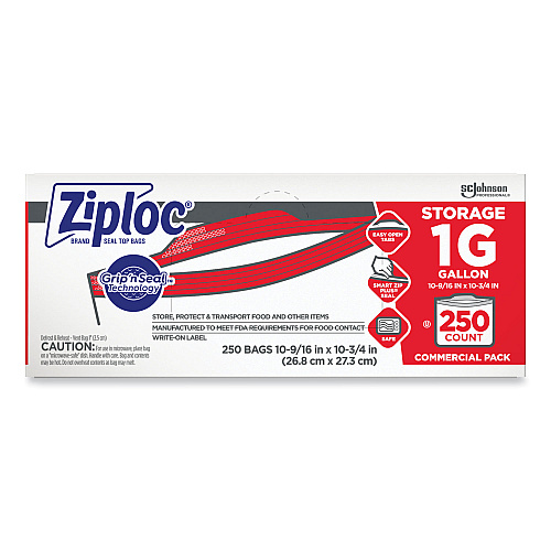Ziploc Double Zipper Storage Bags, Triple System Seal, Gallon, 10.56" x 10.75", Clear, 250/Box