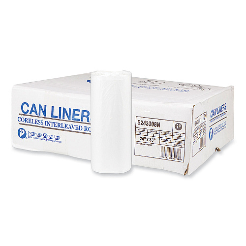 Inteplast Group High-Density Commercial Can Liners, 16 gal, 8 mic, 24" x 33", Natural, Interleaved Roll, 50 Bags/Roll, 20 Rolls/Carton