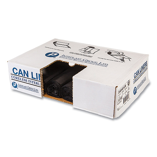 Inteplast Group High-Density Commercial Can Liners, 45 gal, 12 mic, 40" x 48", Black, Interleaved Roll, 25 Bags/Roll, 10 Rolls/Carton