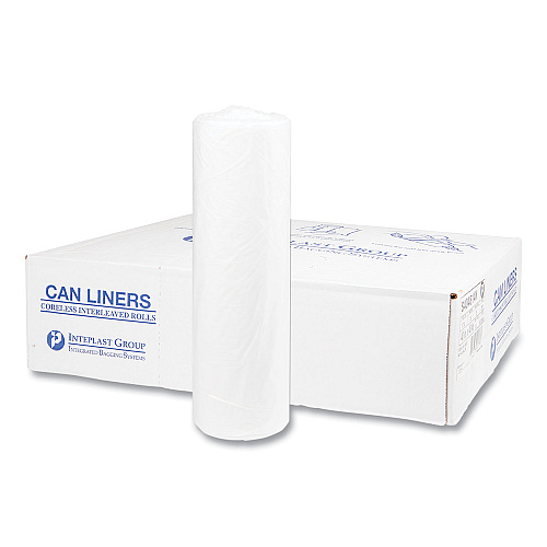 Inteplast Group High-Density Commercial Can Liners, 45 gal, 14 mic, 40" x 48", Clear, Interleaved Roll, 25 Bags/Roll, 10 Rolls/Carton
