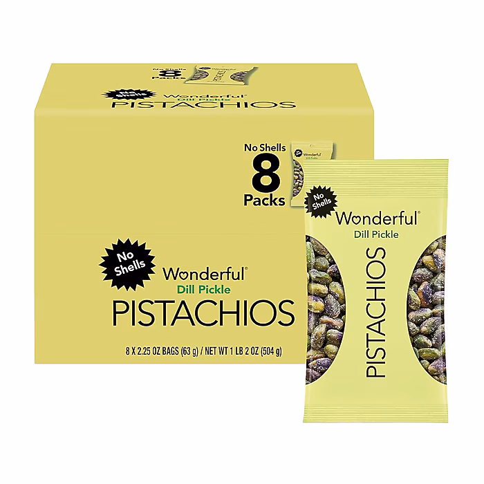 Wonderful Pistachios Salted Dill Pickle Pistachios, 2.25 oz., 8 Bags/Box