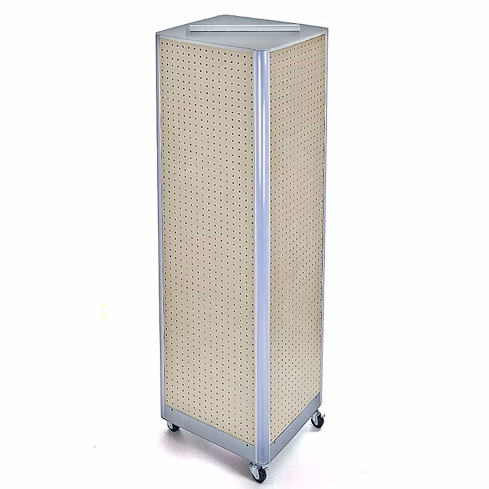 Azar Displays Four-Sided Pegboard Tower Floor Display on Wheeled Base. Panel Size: 16"W x 64.25"H, Almond