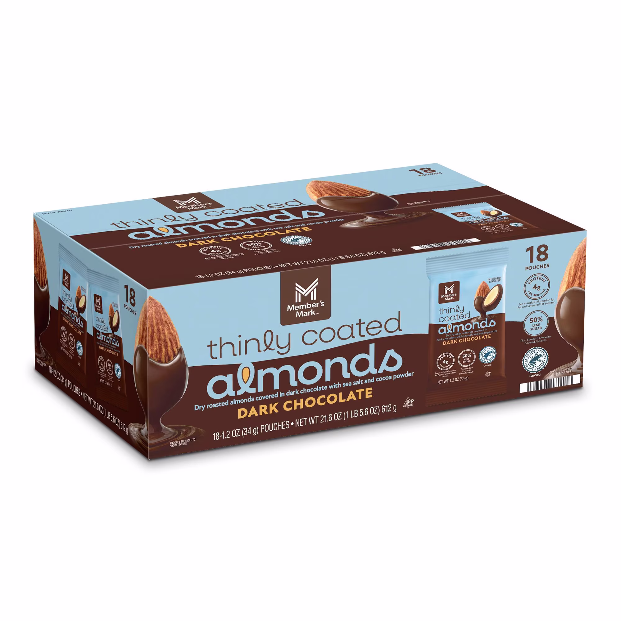 Member's Mark Thinly Coated Dark Chocolate Almonds, 1.2 oz. 18 pk.