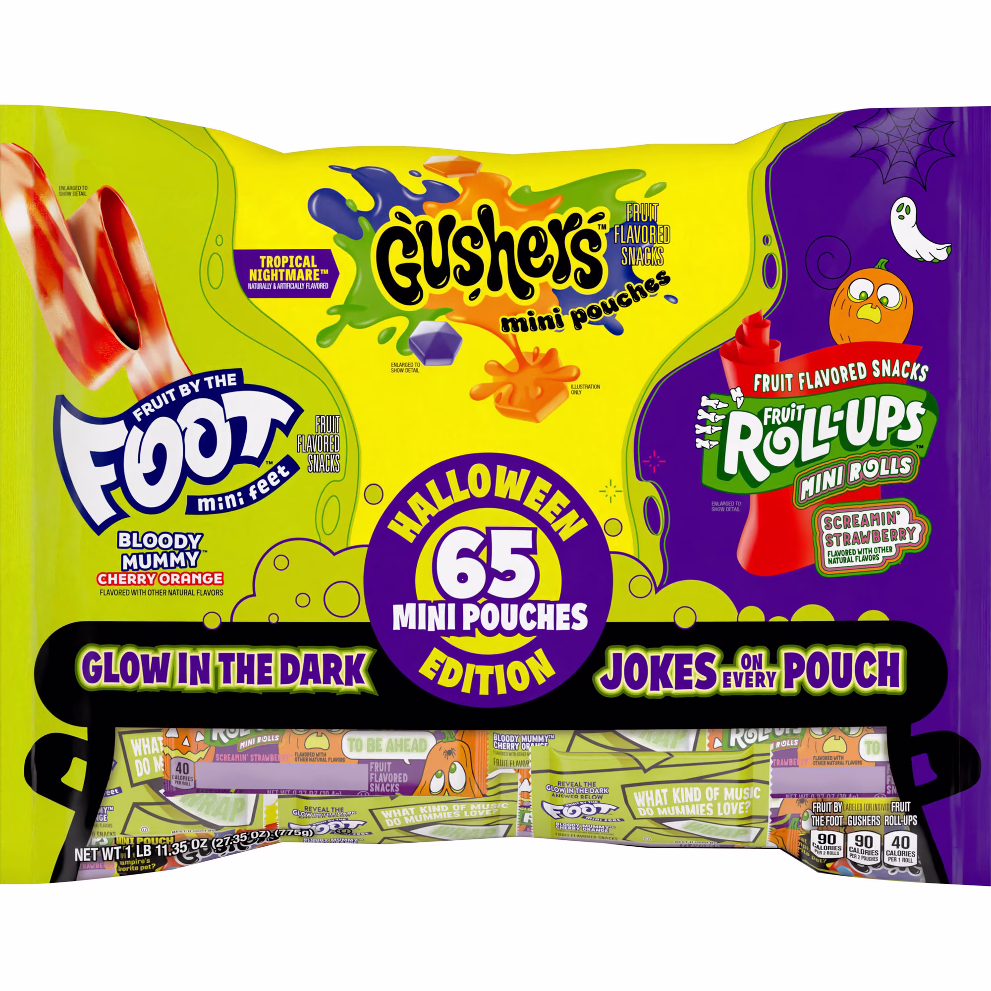 Fruit by the Foot, Gushers, Fruit Roll-Ups Halloween Candy, Variety Pack, 65 pcs.